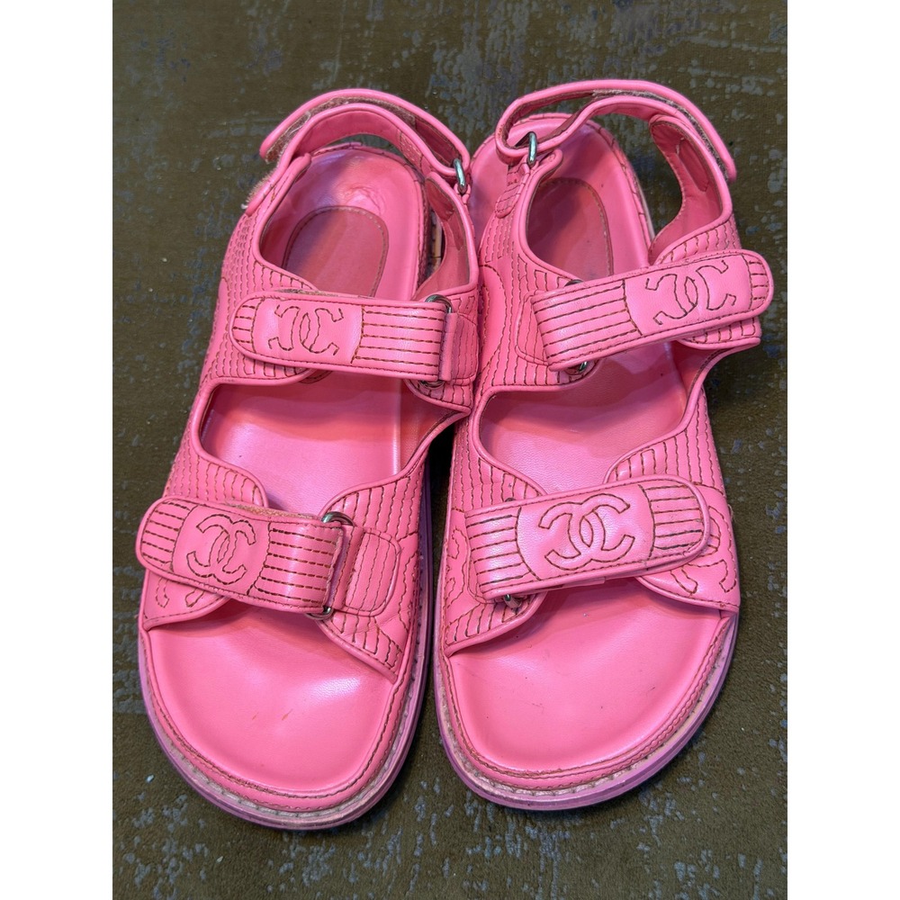Chanel Pink Leather CC Logo Dad Sandals Strappy Flat Chunky Shoes Size 39